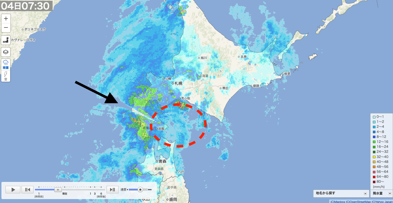 北朝鮮のミサイルが日本上空を通過した時刻（2022年10月4日7:29分ごろ）、北海道付近の雨雲レーダー画像